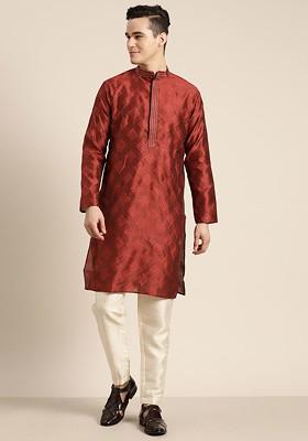 Maroon Embellished Poly Blend Kurta For Men