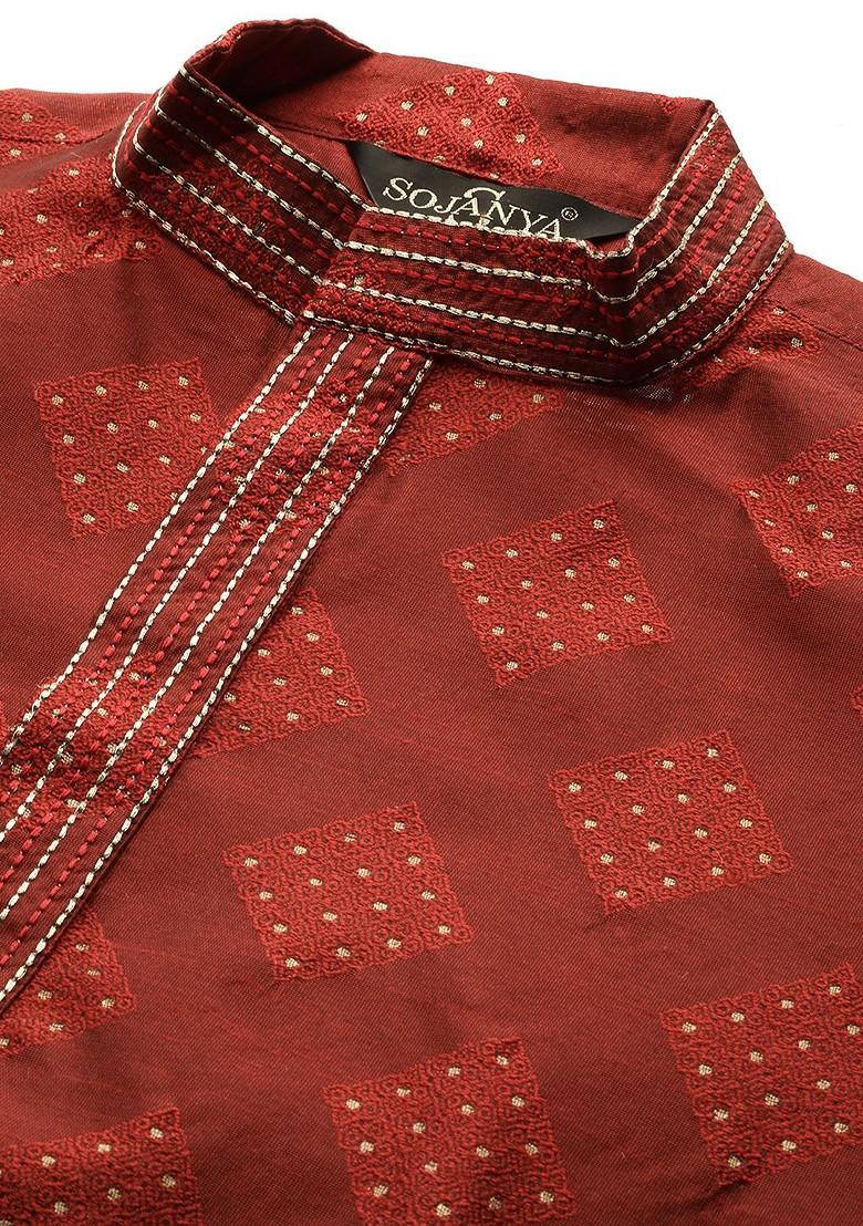 Maroon Embellished Poly Blend Kurta For Men
