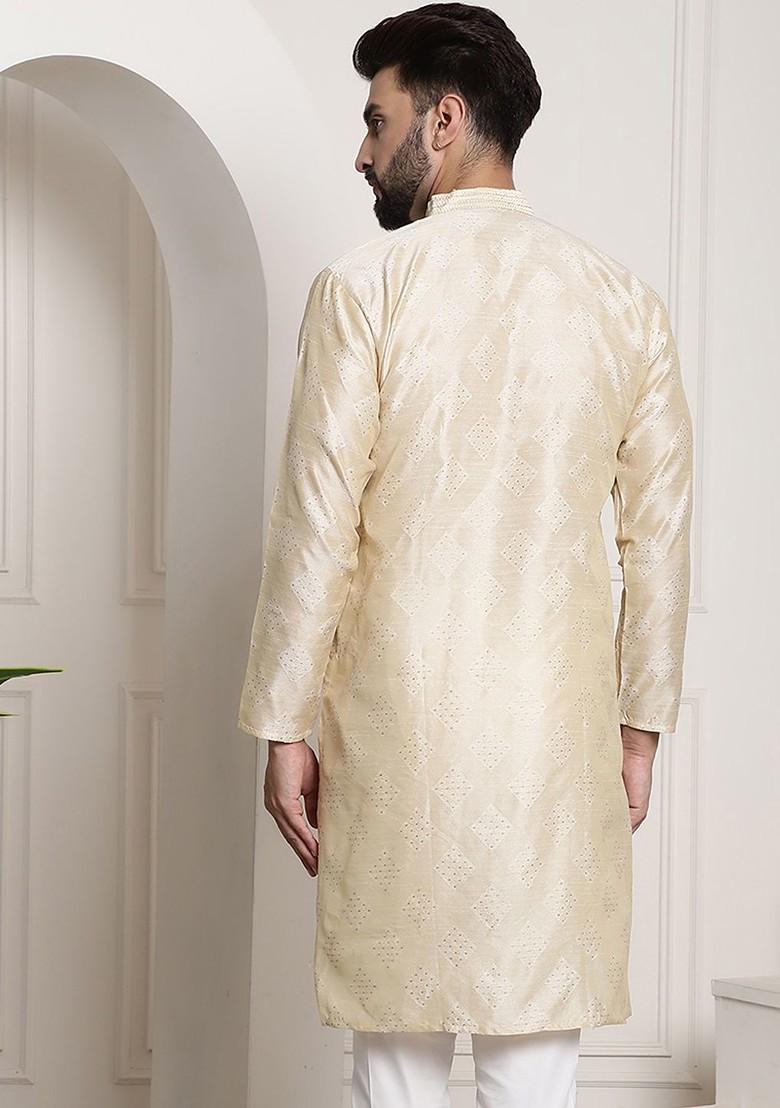 Beige Geometric Print Jacquard Kurta For Men
