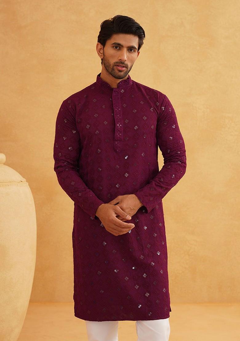 Purple Embroidered Poly Blend Kurta For Men