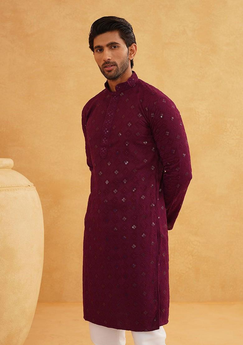 Purple Embroidered Poly Blend Kurta For Men