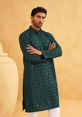 Green Embroidered Poly Blend Kurta For Men