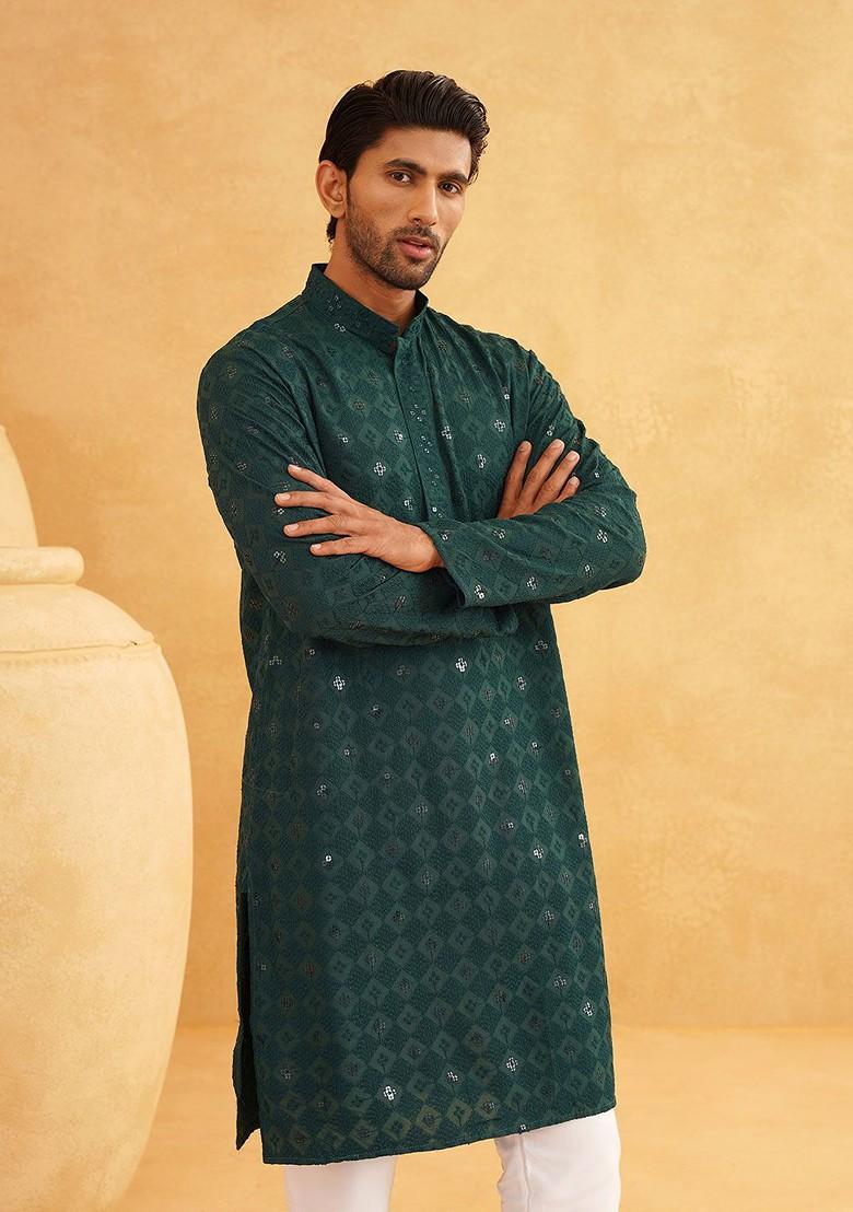 Green Embroidered Poly Blend Kurta For Men