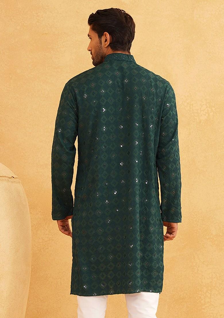 Green Embroidered Poly Blend Kurta For Men
