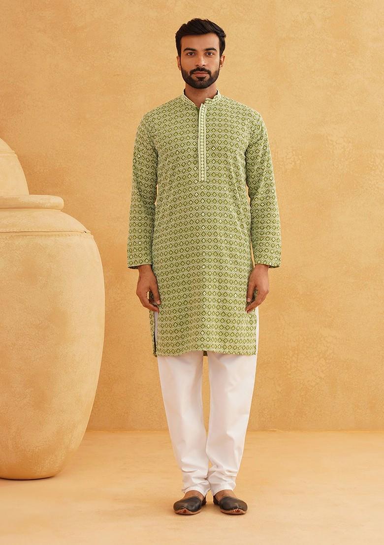 Green Embroidered Cotton Kurta For Men