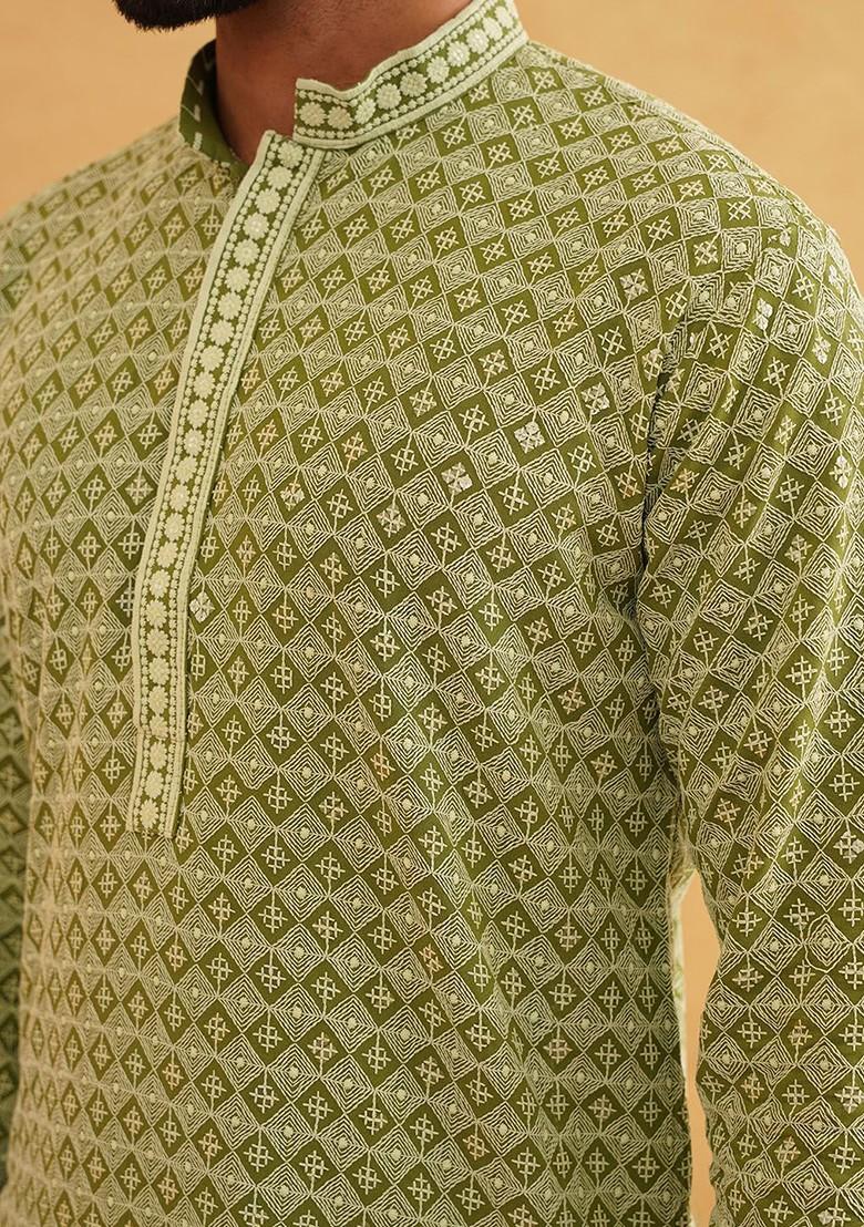 Green Embroidered Cotton Kurta For Men
