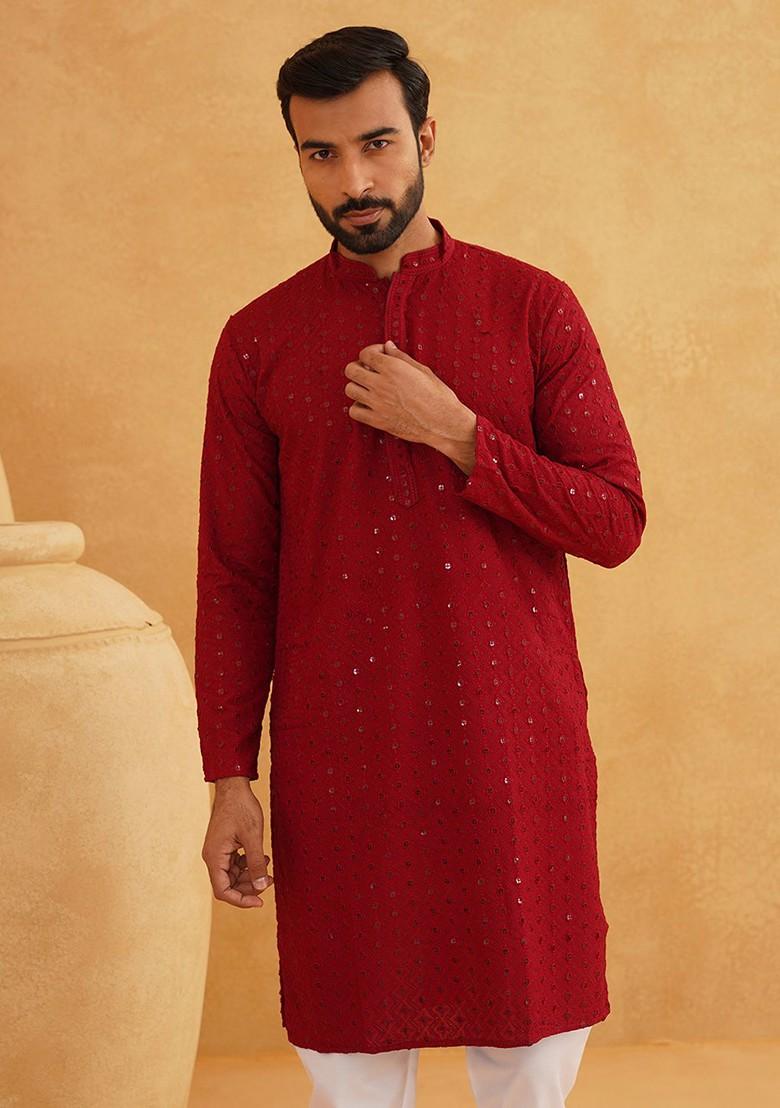 Maroon Embroidered Cotton Kurta For Men