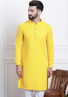 Yellow Embroidered Cotton Kurta For Men