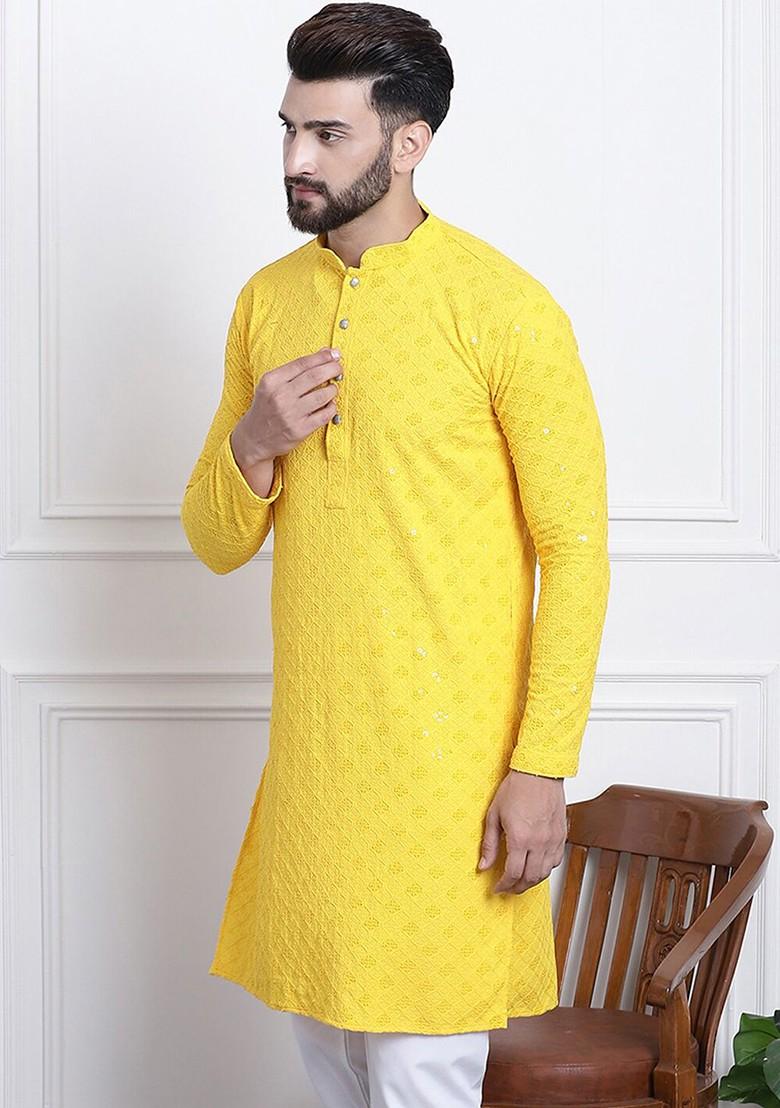 Yellow Embroidered Cotton Kurta For Men