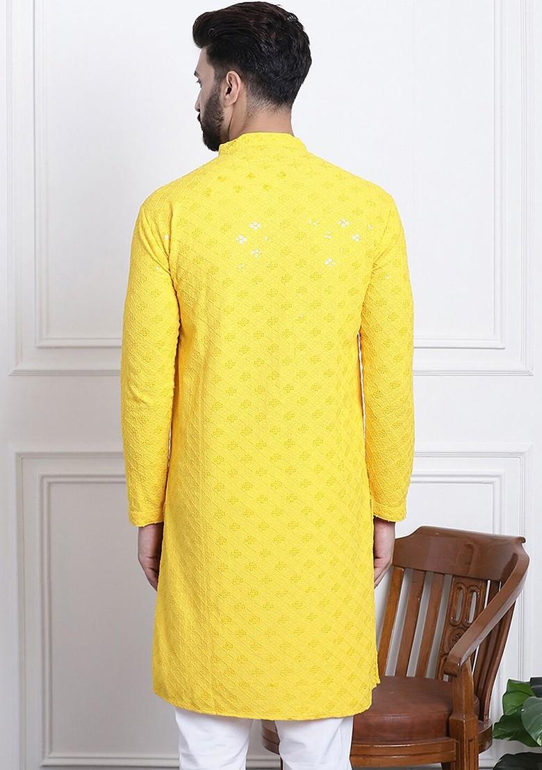 Yellow Embroidered Cotton Kurta For Men