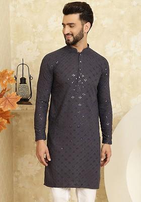 Grey Embellished Cotton Kurta For Men