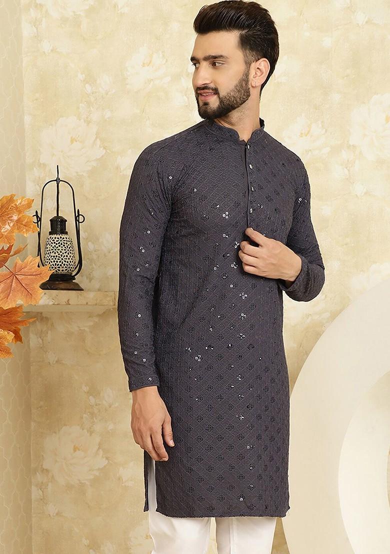 Grey Embellished Cotton Kurta For Men