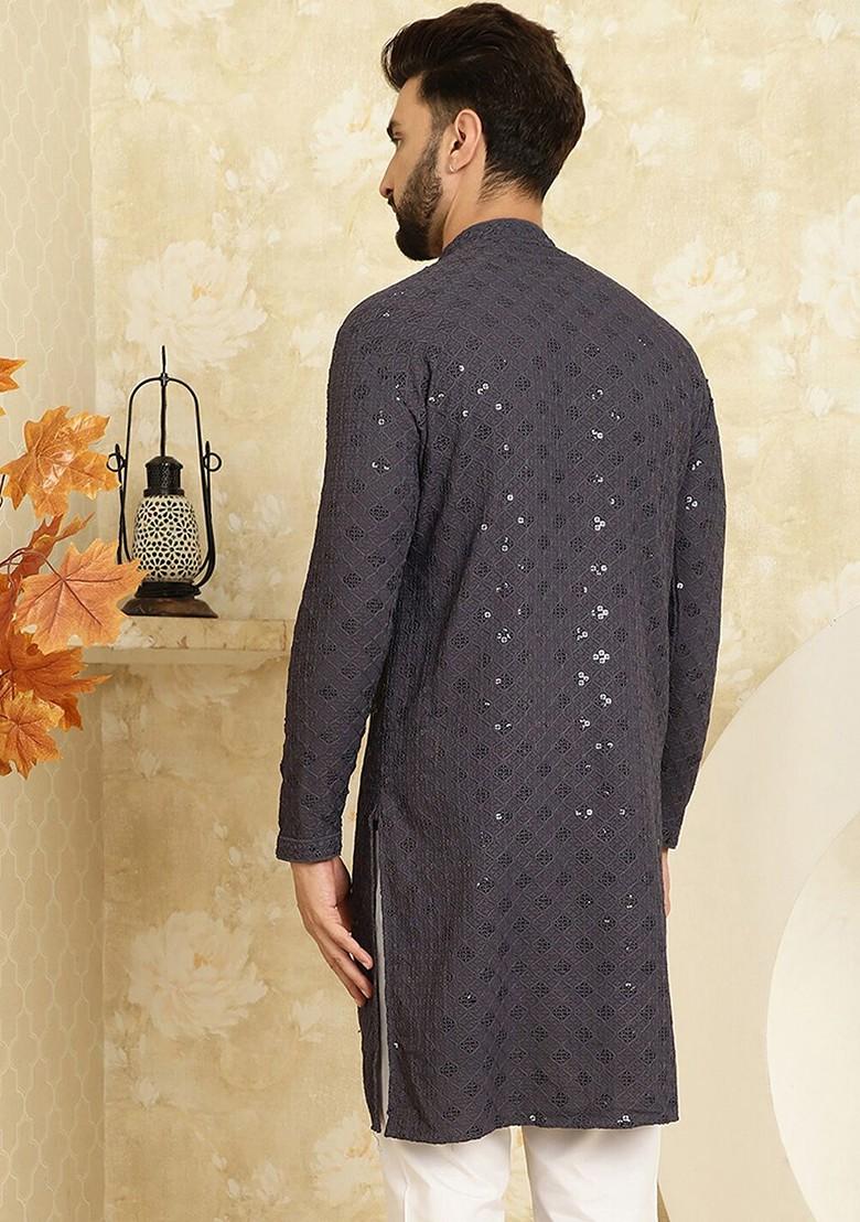 Grey Embellished Cotton Kurta For Men
