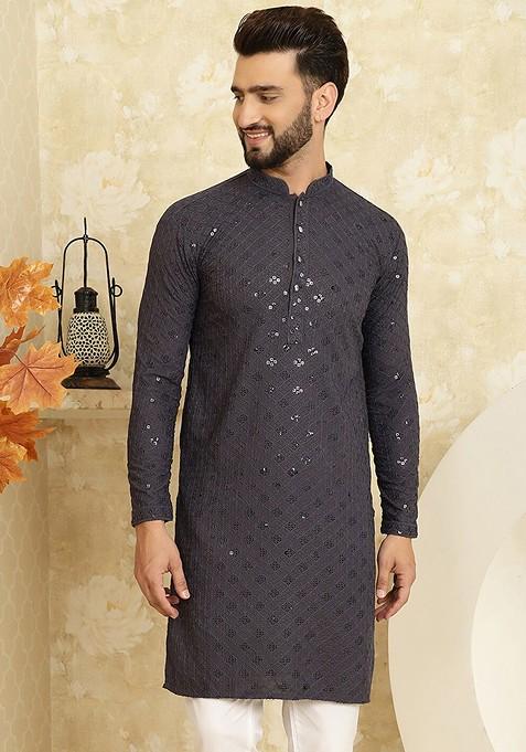 Grey Embellished Cotton Kurta For Men — view on Indya