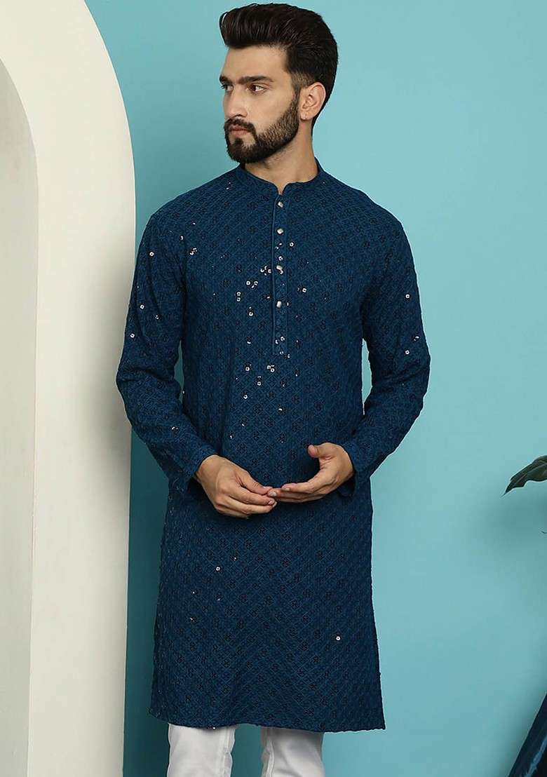 Teal Blue Ethnic Motifs Cotton Kurta For Men - Indya