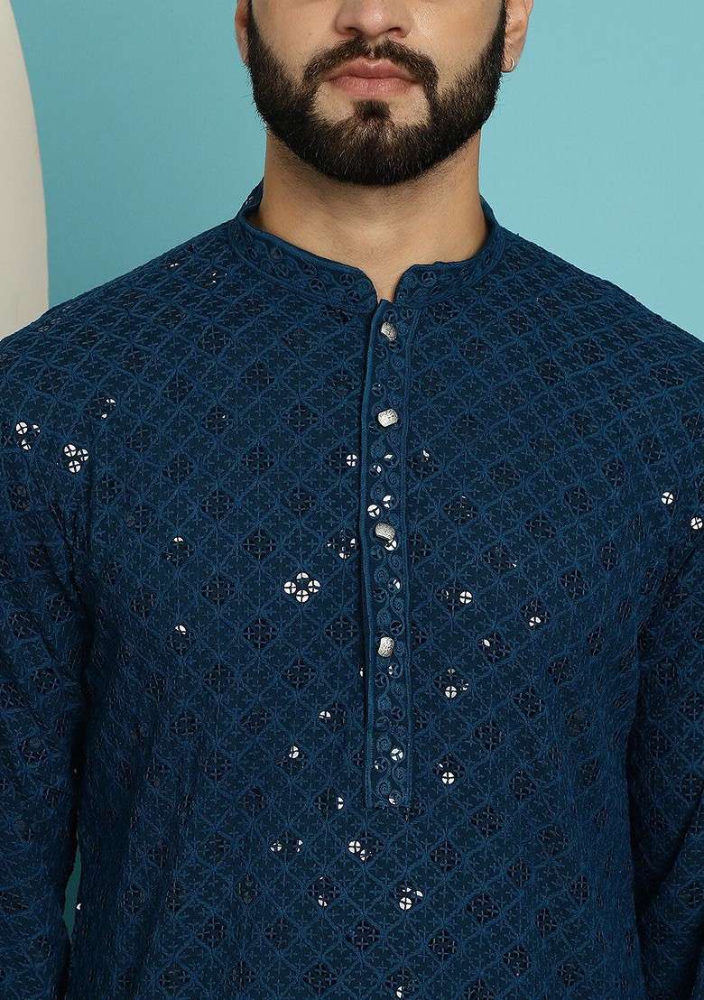Teal Blue Ethnic Motifs Cotton Kurta For Men - Indya