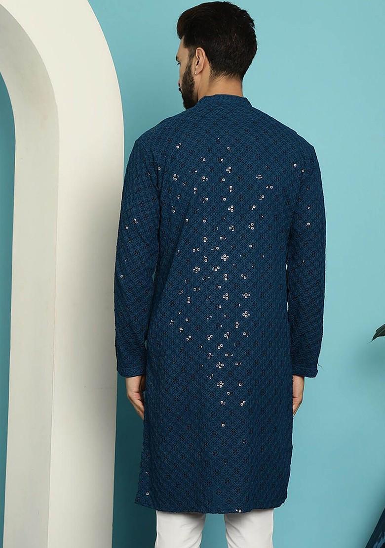 Teal Blue Ethnic Motifs Cotton Kurta For Men