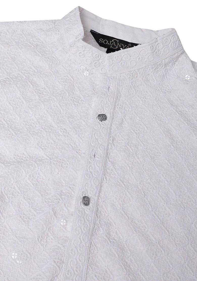 White Embellished Cotton Kurta For Men