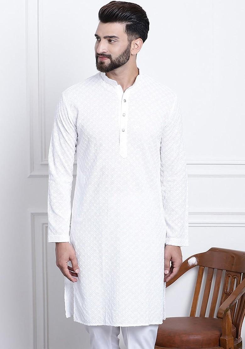 White Embellished Cotton Kurta For Men