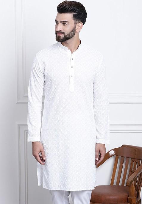 White Embellished Cotton Kurta For Men — view on Indya