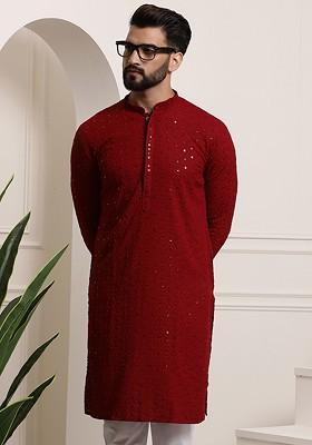 Maroon Embroidered Cotton Kurta For Men