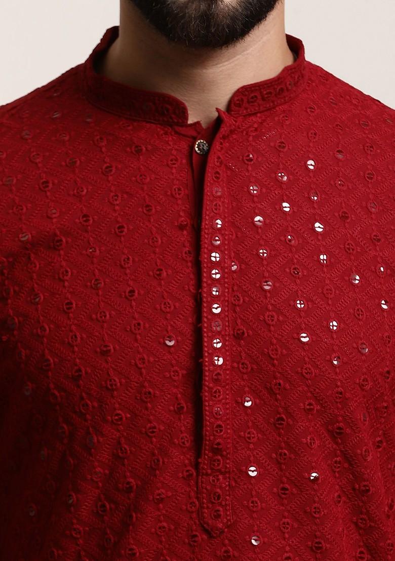 Maroon Embroidered Cotton Kurta For Men