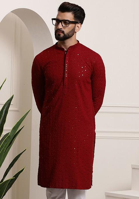 Maroon Embroidered Cotton Kurta For Men — view on Indya