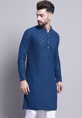 Teal Blue Embroidered Cotton Kurta For Men