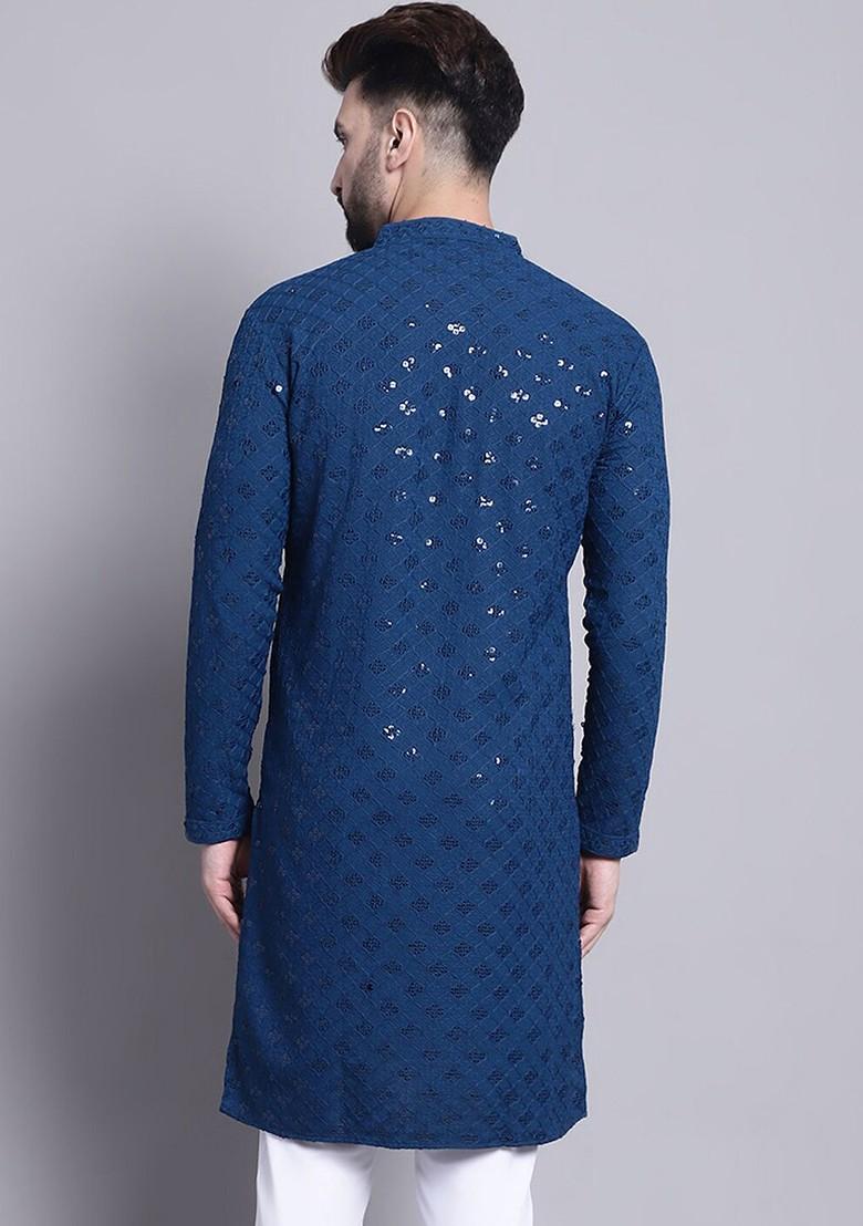 Teal Blue Embroidered Cotton Kurta For Men