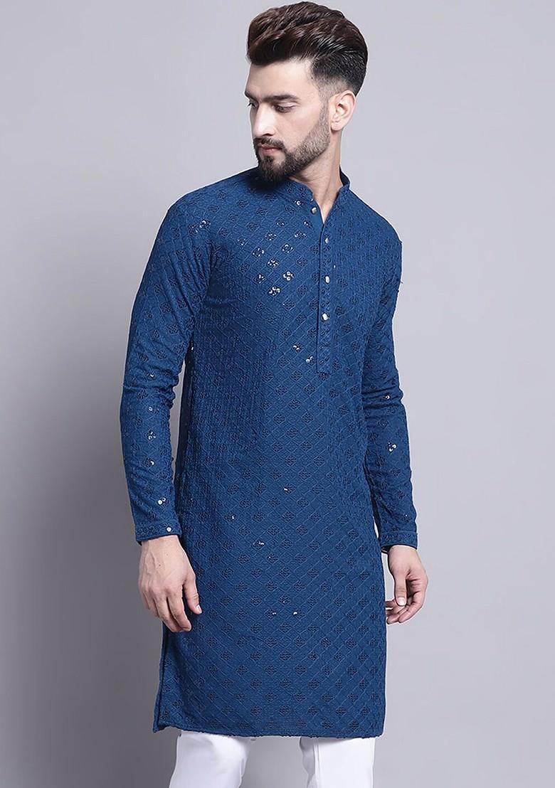 Teal Blue Embroidered Cotton Kurta For Men