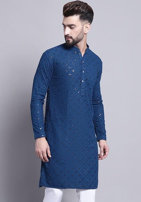 Teal Blue Embroidered Cotton Kurta For Men