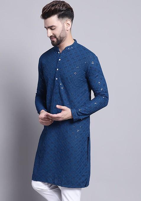 Teal Blue Embroidered Cotton Kurta For Men