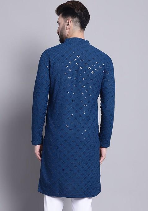 Teal Blue Embroidered Cotton Kurta For Men