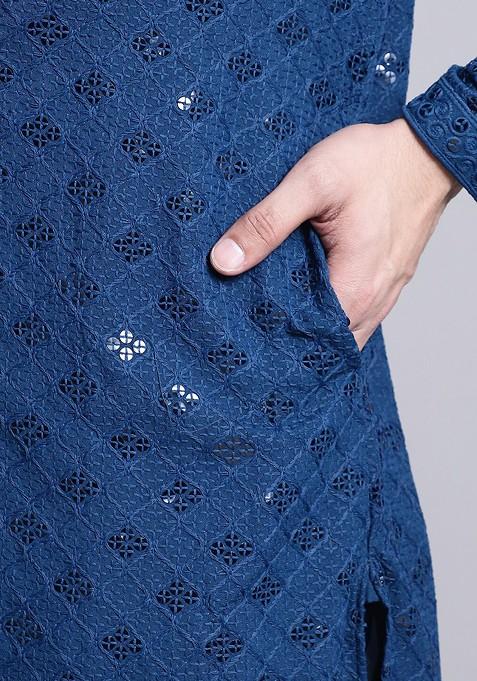 Teal Blue Embroidered Cotton Kurta For Men