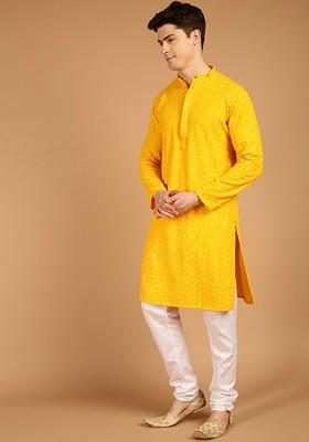 Mustard Embroidered Cotton Kurta For Men