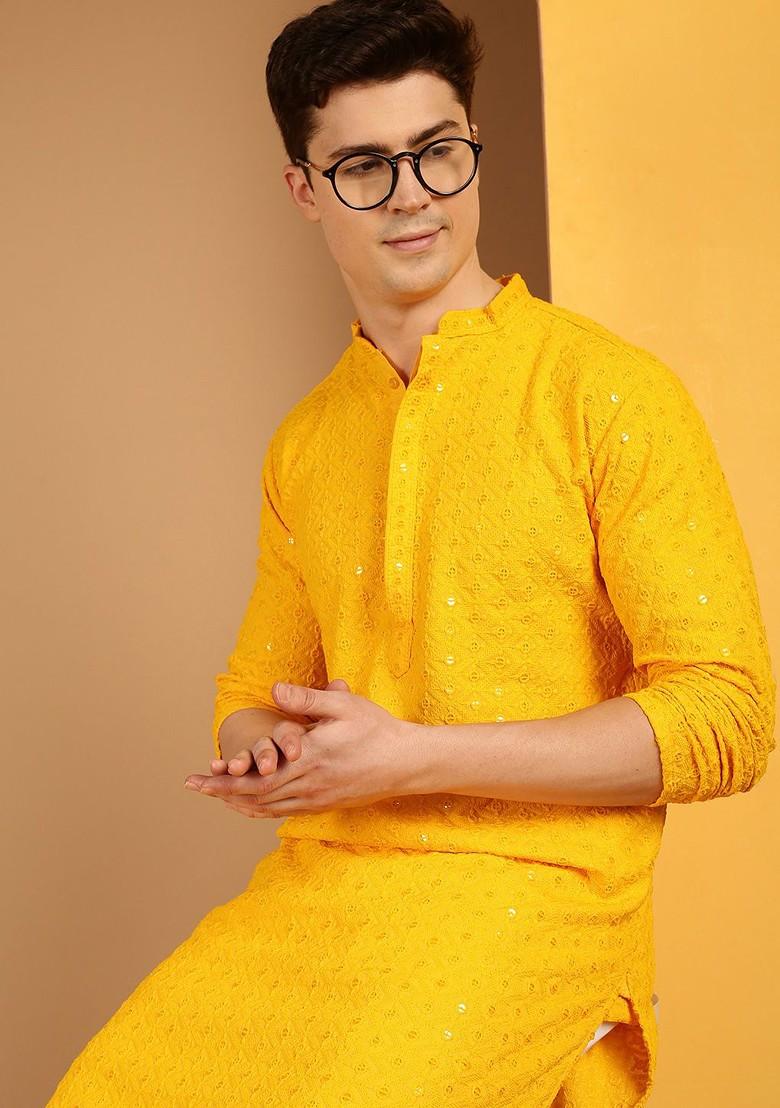 Mustard Embroidered Cotton Kurta For Men