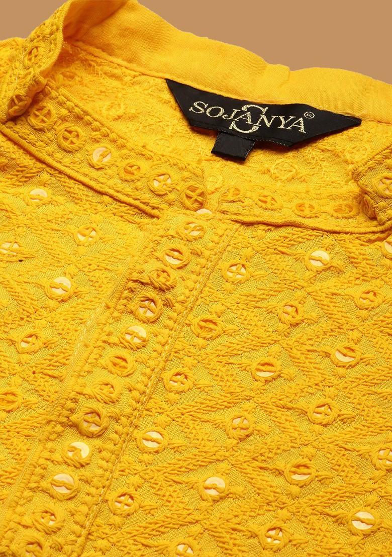 Mustard Embroidered Cotton Kurta For Men