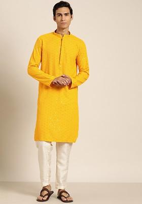 Mustard Embroidered Cotton Kurta For Men