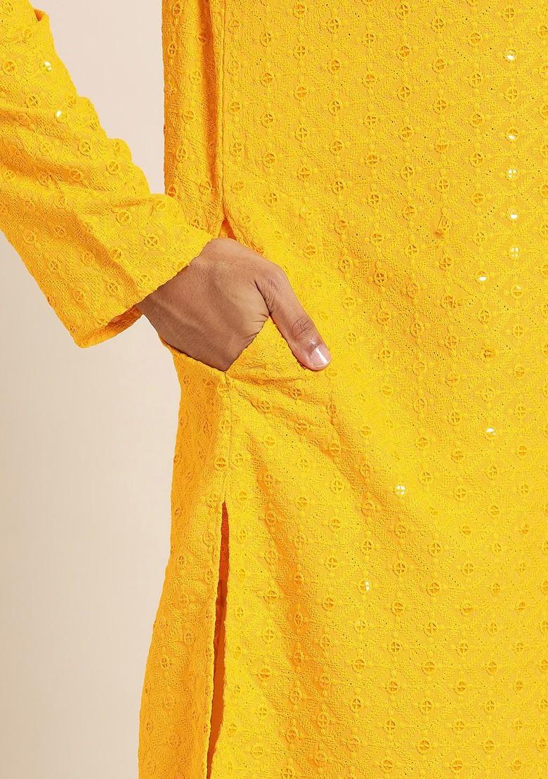Mustard Embroidered Cotton Kurta For Men
