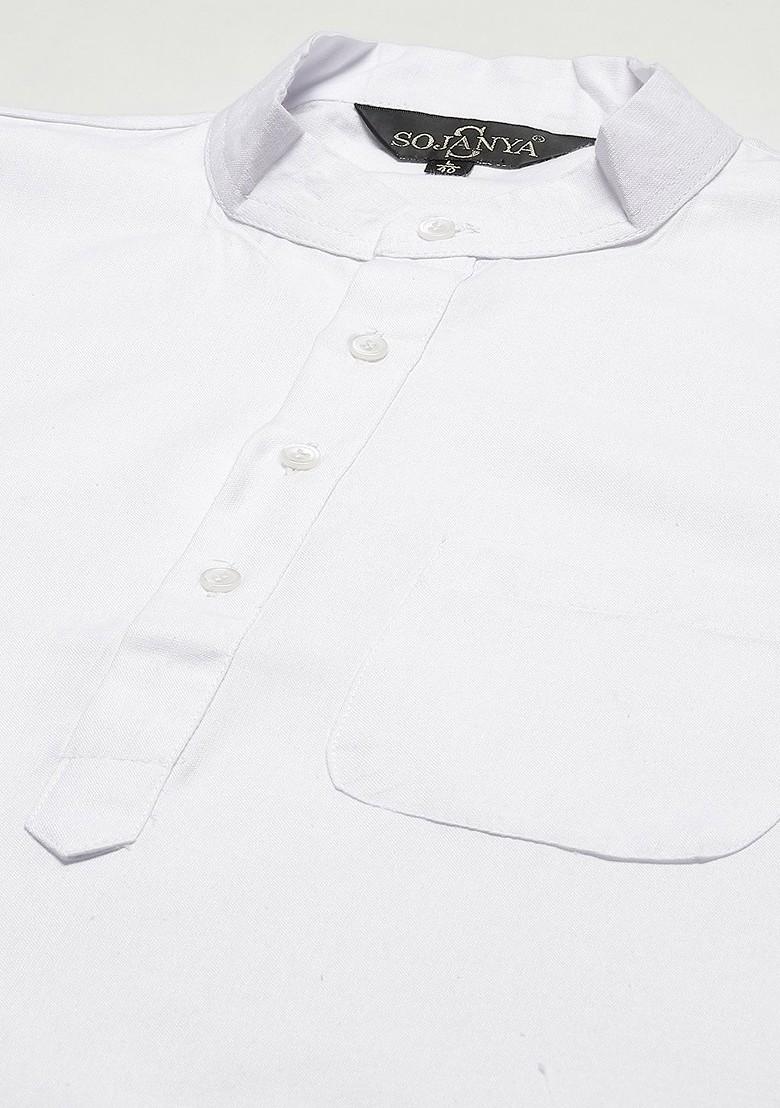 White Solid Cotton Kurta For Men