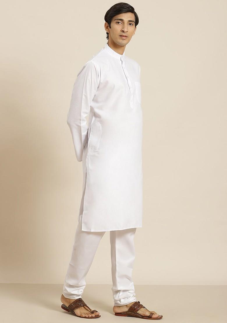 White Solid Cotton Kurta For Men