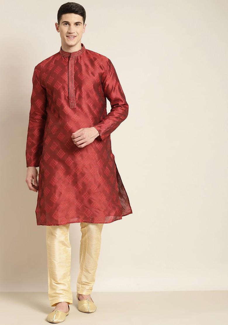 Maroon Ethnic Motifs Poly Blend Kurta For Men