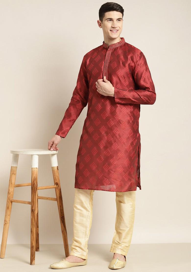 Maroon Ethnic Motifs Poly Blend Kurta For Men