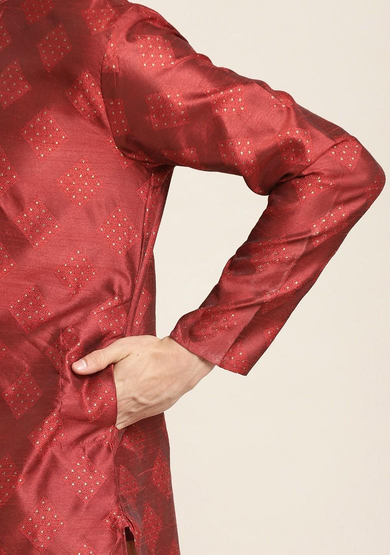 Maroon Ethnic Motifs Poly Blend Kurta For Men
