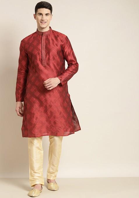 Maroon Ethnic Motifs Poly Blend Kurta For Men