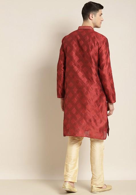 Maroon Ethnic Motifs Poly Blend Kurta For Men