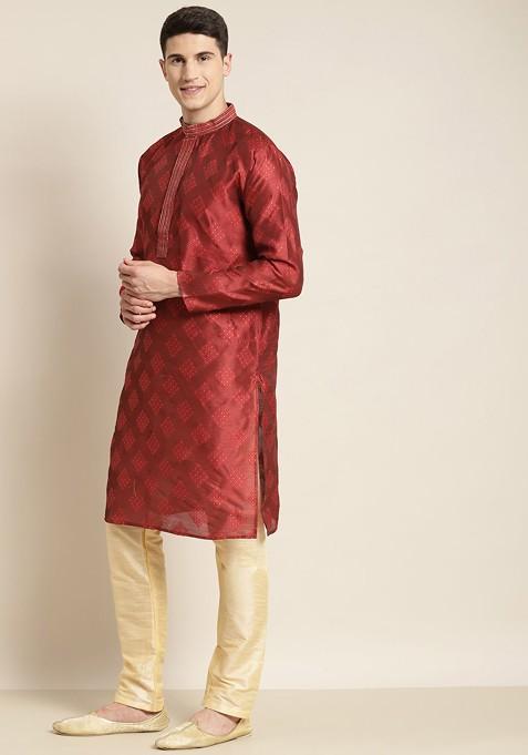 Maroon Ethnic Motifs Poly Blend Kurta For Men