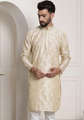 Gold Thread Work Poly Blend Kurta For Men
