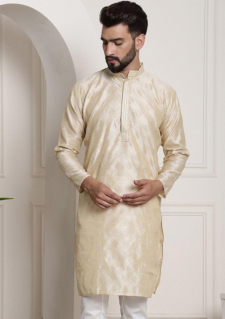 Gold Thread Work Poly Blend Kurta For Men