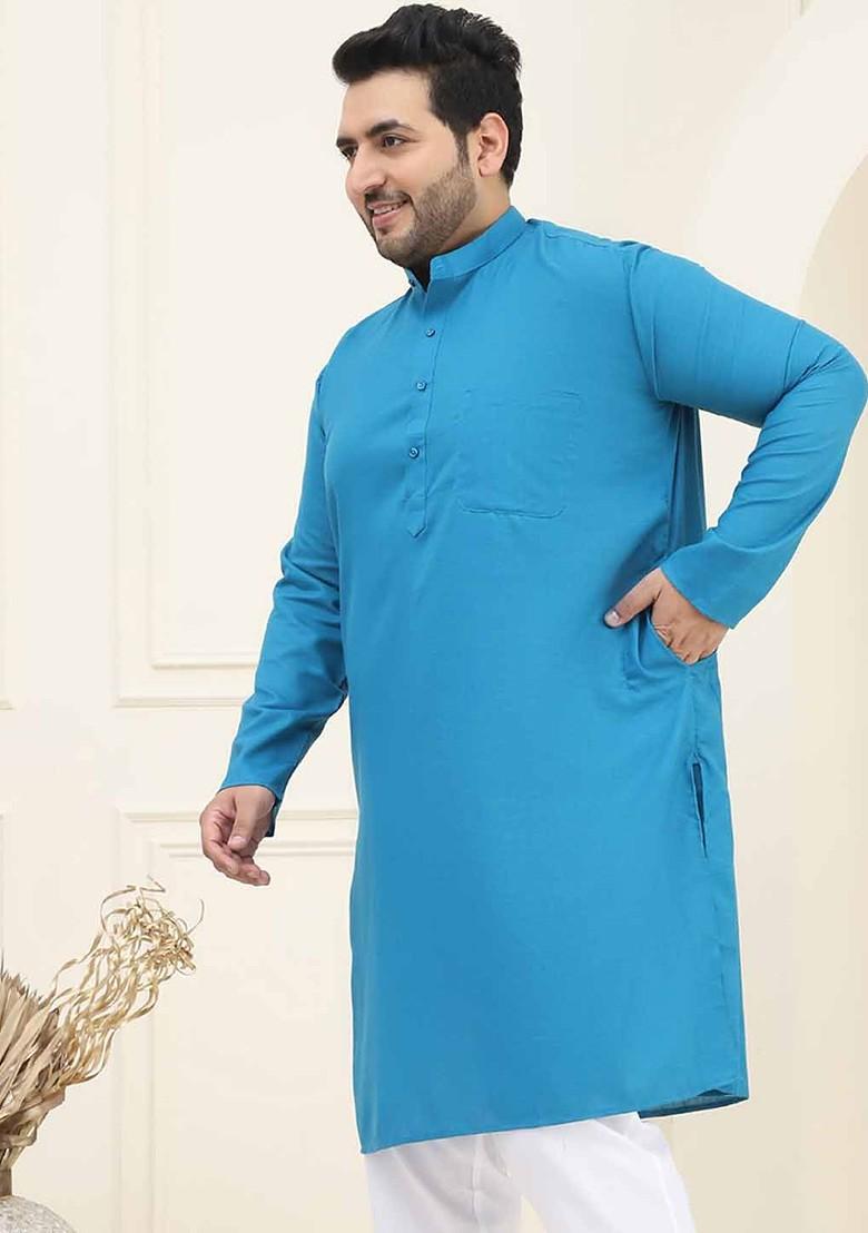 Blue Solid Cotton Kurta For Men